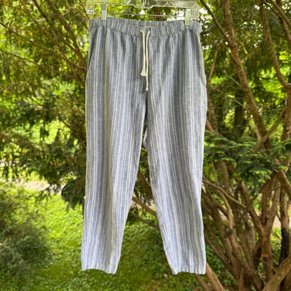 Outerknown Blue and White Linen Blend Pants with Elastic Waist